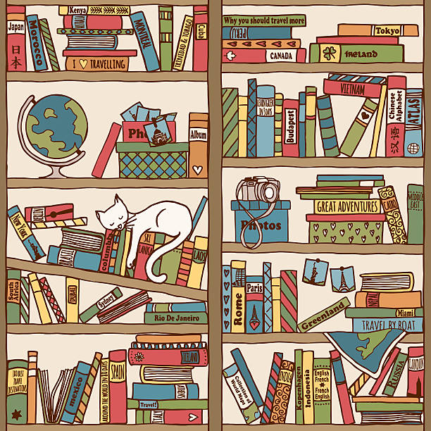 bücherregal mit reiseführer und schlafen katze (nahtlose hintergrund - book titles shelf library stock-grafiken, -clipart, -cartoons und -symbole