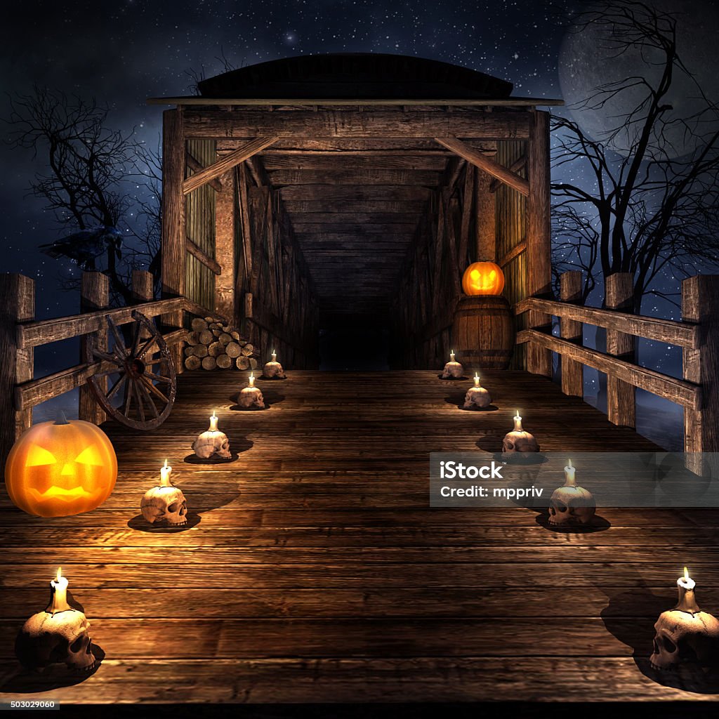 Old wooden bridge Wooden bridge on the night of  Halloween,  with candles and pumpkins Halloween Stock Photo