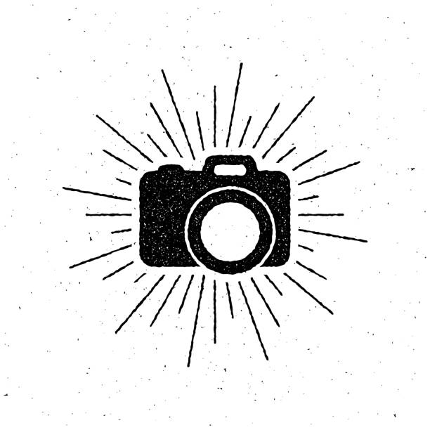 camera label vintage camera label with light rays. vector illustration. letterpress label design camera photographic equipment illustrations stock illustrations