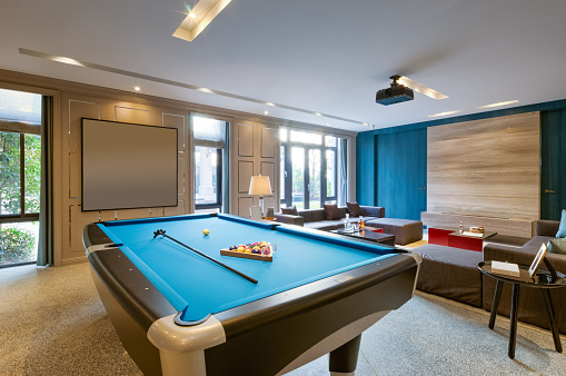 blue pool in luxury recreation room