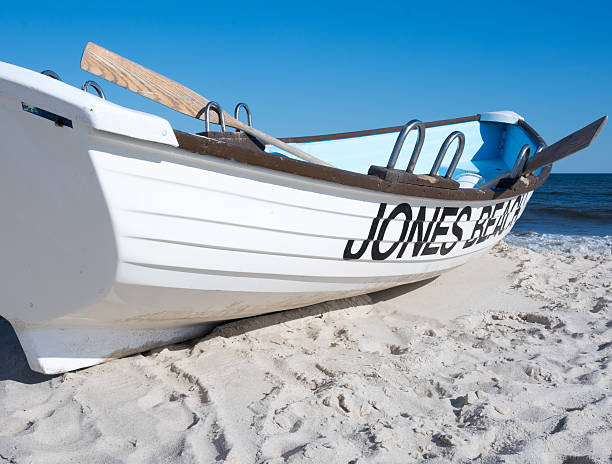 Wantagh, New York State, USA - July 5, 2014: A boat docked offshore at Jones Beach on the south shore of Long Island, New York on 5 July 2014