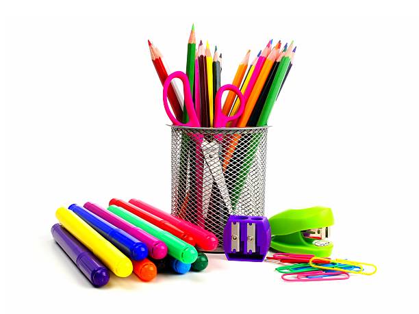 istock Group of school supplies on white 503039027