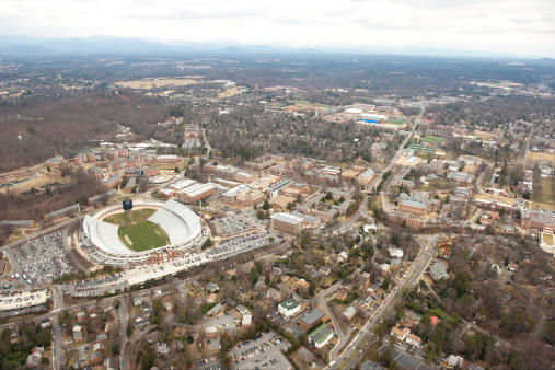 An aerial view of the campus at the University of Virginia in Charlottesville, Virginia.