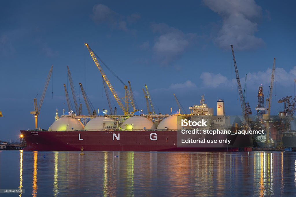 LPG carrier at a shipyard in Singapore at dusk Singapore, Singapore - July 19, 2014: LPG carrier at a shipyard in Singapore at dusk Carrying Stock Photo