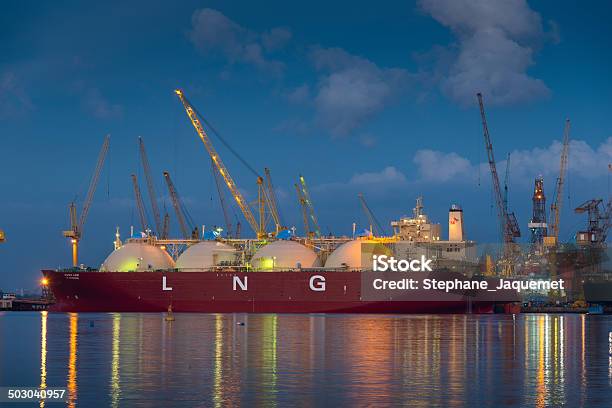 Lpg Carrier At A Shipyard In Singapore At Dusk Stock Photo - Download Image Now - Carrying, Natural Gas, Shipyard