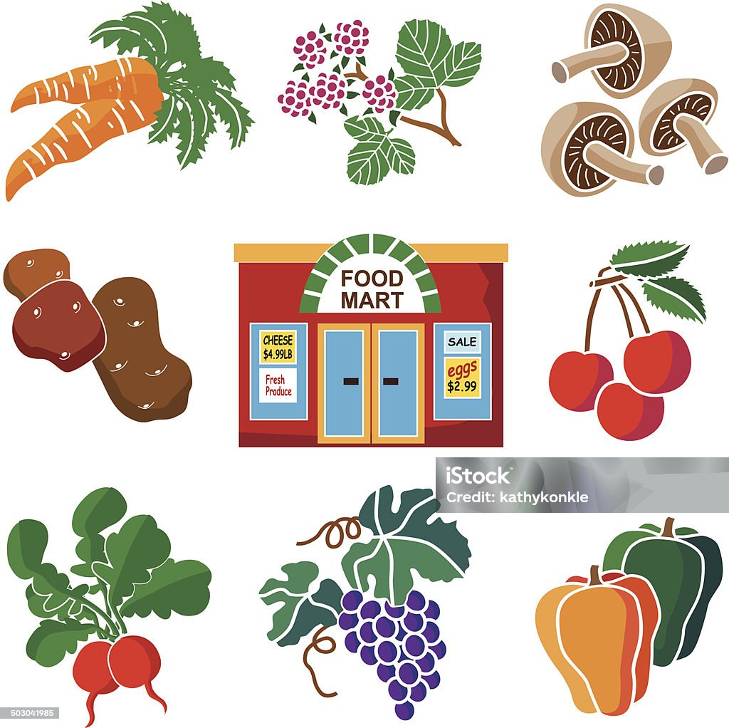 produce department at the grocery store icon set A vector illustration of a produce department at the grocery store icon set. Bunch stock vector