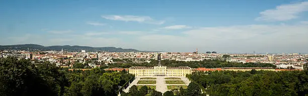 Schonbrunn Palace in the foreground of a panoramic photo of Vienna, Austria.