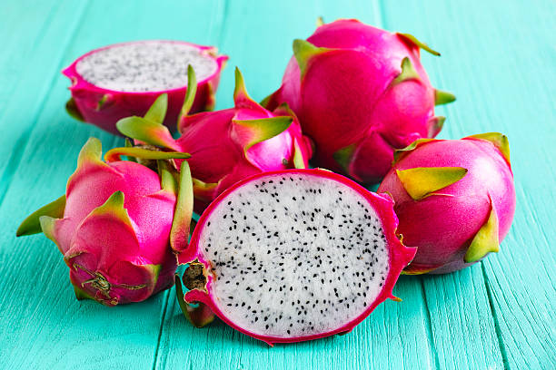 White Dragon Fruit. White Dragon Fruit on an old turquoise wooden table. pitaya photos stock pictures, royalty-free photos & images