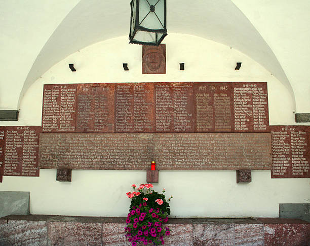 Berchtesgaden, Germany - July 26, 2007: The war memorial at the Schlossplatz outside the royal palace (Königliche Schloss Berchtesgaden), listing the local war dead for both World Wars in Berchtesgaden.