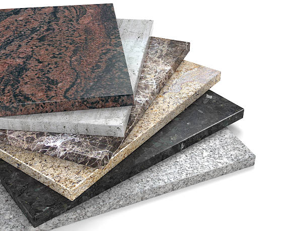piastrelle in pietra naturale e marmo granito campioni palette pila - gneiss foto e immagini stock