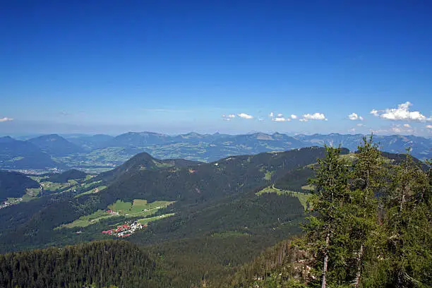 The view of the Bavarian Alps from the Kehlsteinhaus (Eagle's Nest), Hitler's mountaintop retreat in Obersalzberg. At an altitude of 1834 metres, it provides a panorama of the surrounding area.