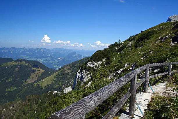 The view of the Bavarian Alps from the Kehlsteinhaus (Eagle's Nest), Hitler's mountaintop retreat in Obersalzberg. At an altitude of 1834 metres, it provides a panorama of the surrounding area.