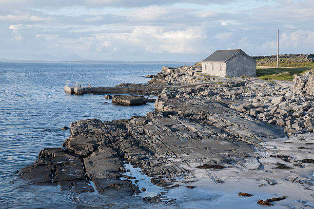 Aerial view of Inis Mór Arran Island with cliffs and ruins of Dun Aengus ancient stone fort Ireland