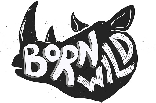 Rhino silhouette with concept text inside Born Wild on white background. Vector illustration