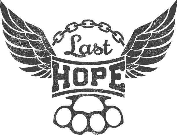 "Last hope" vector illustration "Last hope" vector illustration. Vintage label with wings,chain and brass knuckles on grunge background for t-shirt print, poster, emblem. Vector illustration. motorcycle tattoo designs stock illustrations