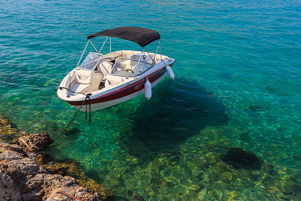 Small white boat floating in clean water near shore on a sunny day