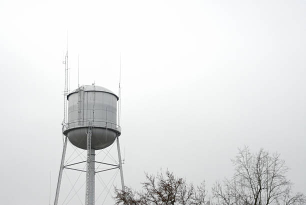 Water tower with antennas beside trees.  They can be seen against a cloudy sky.