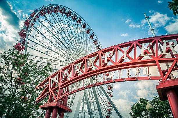 Navy Pier, Chicago, Illinois Navy Pier, ferris wheel, illinois, red, entrance sign photos stock pictures, royalty-free photos & images