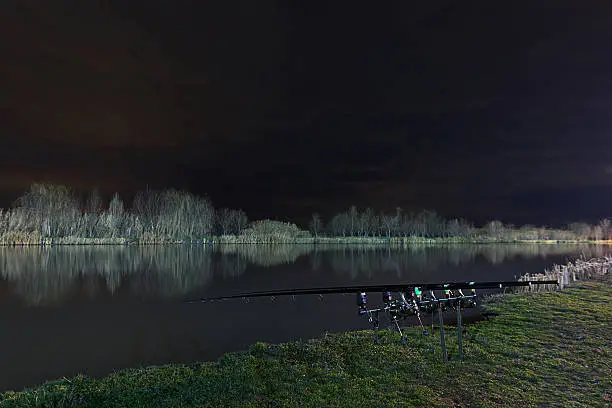 Night Fishing, Carp Rods, Night-sky reflection on lake, Carp Fishing