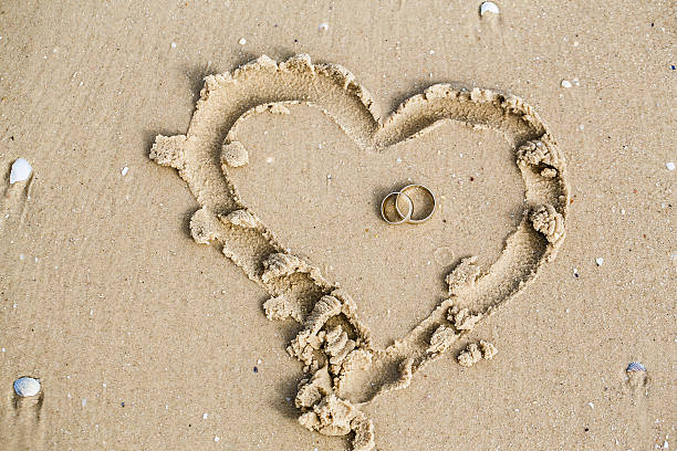 istock Wedding rings lie in the sand  heart 503058760