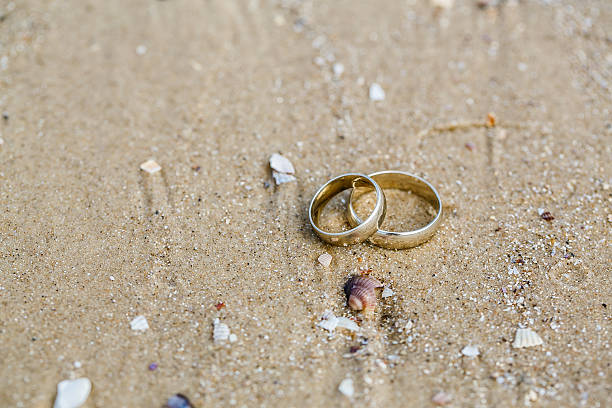 istock Wedding concept - wedding rings lie on sand 503058898