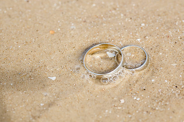 istock Wedding concept - wedding rings lie on sand 503059632