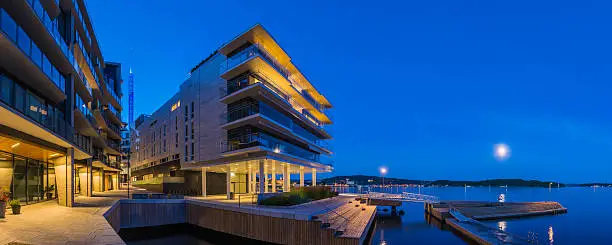 Modern sleek waterfront apartment buildings with galss balconies overlooking tranquil blue ocean bay illuminated by moonlight. ProPhoto RGB profile for maximum color fidelity and gamut.