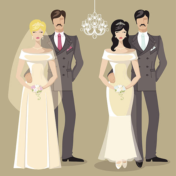 Cute wedding set of cartoon couple bride and groom Two wedding couple.Cute cartoon groom and bride in retro style with A design template.The vector. blond hair illustrations stock illustrations