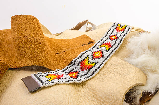 Colorful Native American Beaded Bracelet on scraps of leather and rawhide with white background and copy space.