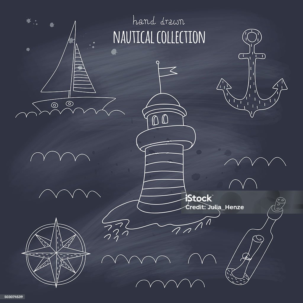 Nautical hand drawn set on a blackboard Nautical hand drawn set on a blackboard. EPS 10. No gradients. Transparency. Adventure stock vector