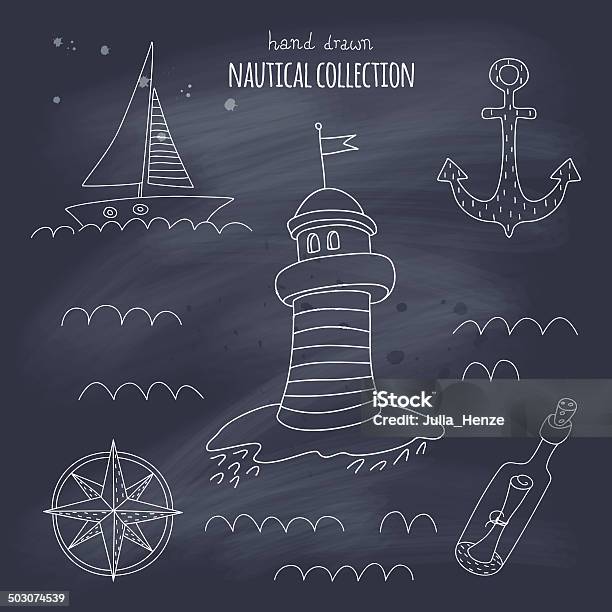 Nautical Hand Drawn Set On A Blackboard Stock Illustration - Download Image Now - Adventure, Anchor - Vessel Part, Backgrounds