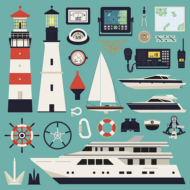 ilustraciones, imágenes clip art, dibujos animados e iconos de stock de barcos de yates y equipos - marine safety equipment audio