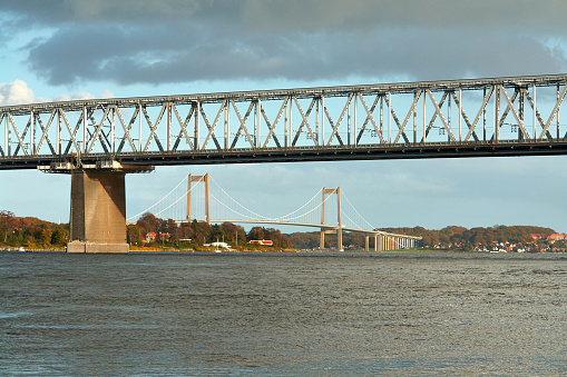 Lillebaelt Little Belt old and new suspended bridge Middelfart Denmark