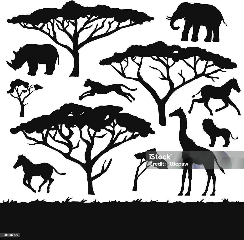 African árboles y animales, conjunto de siluetas negras - arte vectorial de África libre de derechos