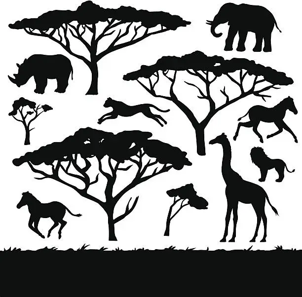 Vector illustration of African trees and animals, set of black silhouettes