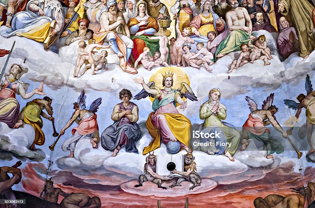 Frescoes in the dome of Brunelleschi Painting inside Brunelleschi cupola, Florence duomo, Tuscany. Duomo Santa Maria Del Fiore Stock Photo