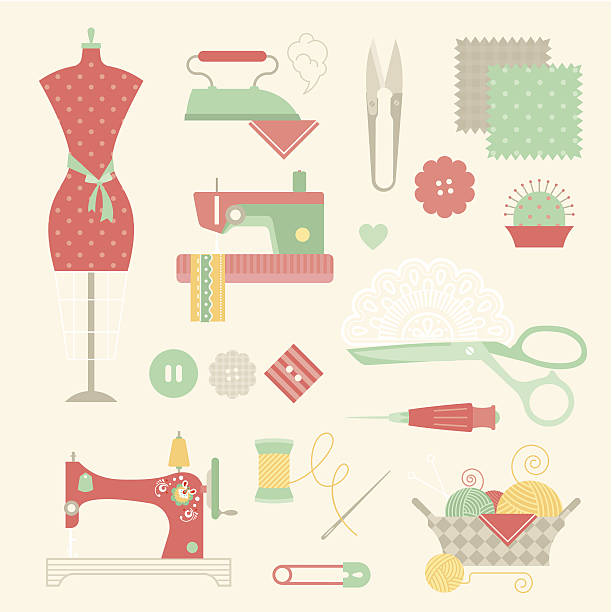 ilustrações de stock, clip art, desenhos animados e ícones de conjunto de costura - sewing sewing machine machine sewing item