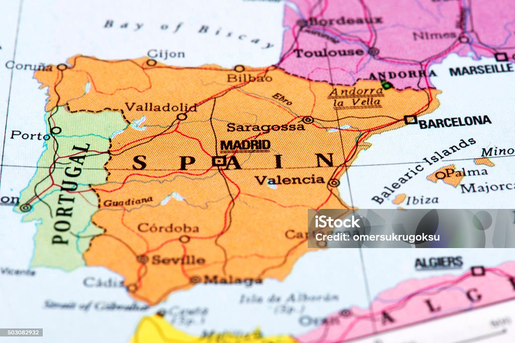 Map of Spain Map of Spain. Detail from the World Atlas (Webster's Concise.) Madrid Stock Photo