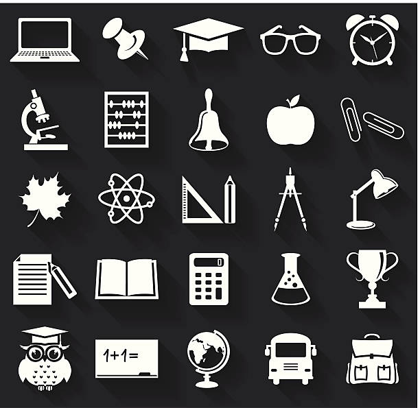 School icons. Vector set. Back to school. Collection of school and education icons. Flat symbols with long shadows. Vector illustration. learning silhouettes stock illustrations