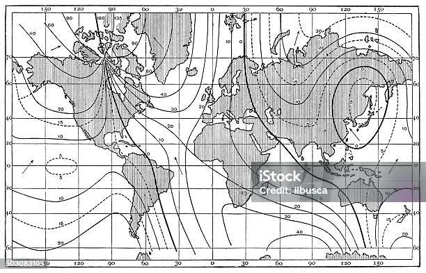 Carte Antique De Lignes De Légalité Des Chances 1885 Declination Magnétique Vecteurs libres de droits et plus d'images vectorielles de Aimant