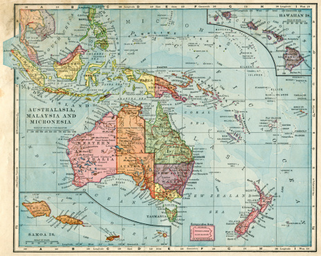 Map of Australia, Malaysia, Micronesia, and Hawaii from 1896.