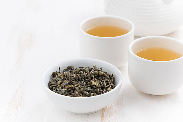 istock cups and teapot with green tea on white wooden background 503086778