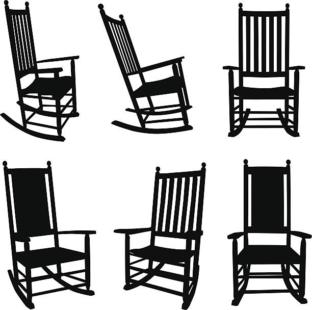 Front Porch Rocking Chairs Black detailed silhouettes of front porch rocking chairs. Six rocking chairs, two different styles. A front view, two side views and 3/4 view, including eye level and looking down views of the five slat rocking chair. The solid weave rocking chair has a front view and 3/4 view. Easily edited vector design elements. rocking chair stock illustrations