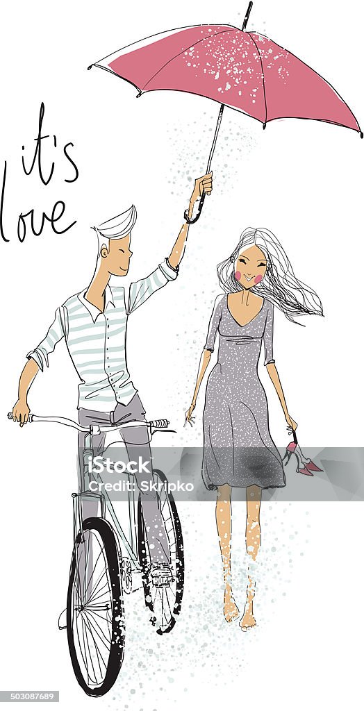 Chłopiec i dziewczynka w miłości w deszczu - Grafika wektorowa royalty-free (Bicykl)