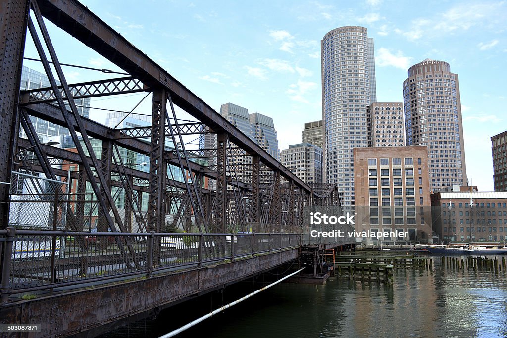 Boston Northern Avenue Bridge crossing Boston Harbor toward downtown. Avenue Stock Photo