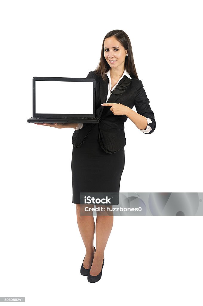 Isolated business woman Isolated young business woman presenting laptop White Background Stock Photo