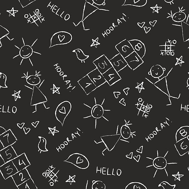 ilustrações de stock, clip art, desenhos animados e ícones de mão desenhada a textura de fundo de crianças vintage quadro negro com desenhos de giz - child chalking