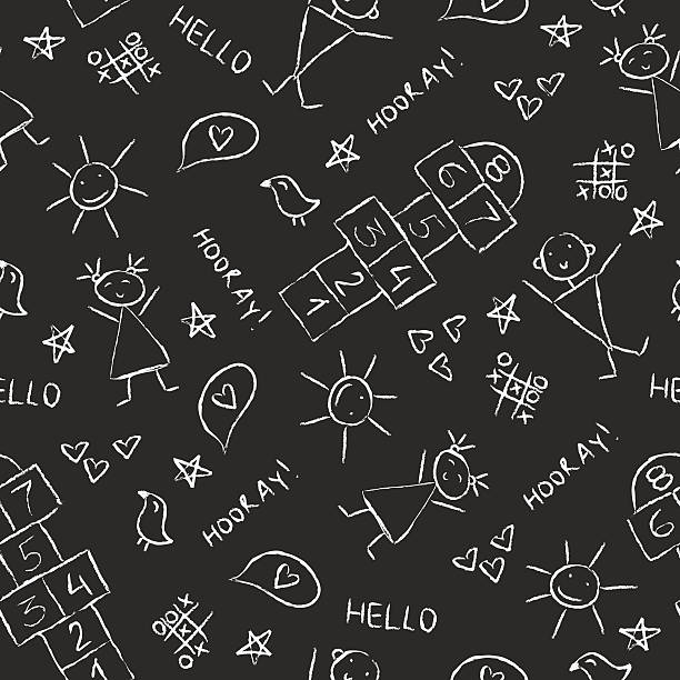 Hand drawn kids vintage blackboard texture background with chalk drawings beautiful seamless pattern with cute figures of baby like drawn boy and girl, hopscotch, sun, bird, hearts, star, words 'hello' and 'hooray' hopscotch stock illustrations