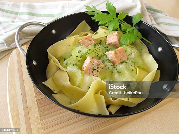 Pasta With Cucumber And Salmon In Wok Stock Photo - Download Image Now - Boiled, Cucumber, Domestic Kitchen