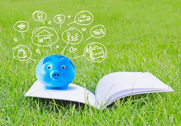istock Blue piggy bank on booklet and icon design 503098849